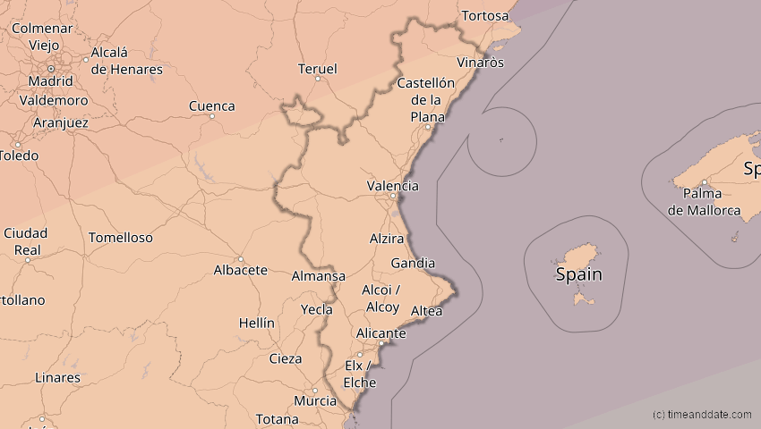 A map of Valencia, Spanien, showing the path of the 27. Feb 2082 Ringförmige Sonnenfinsternis