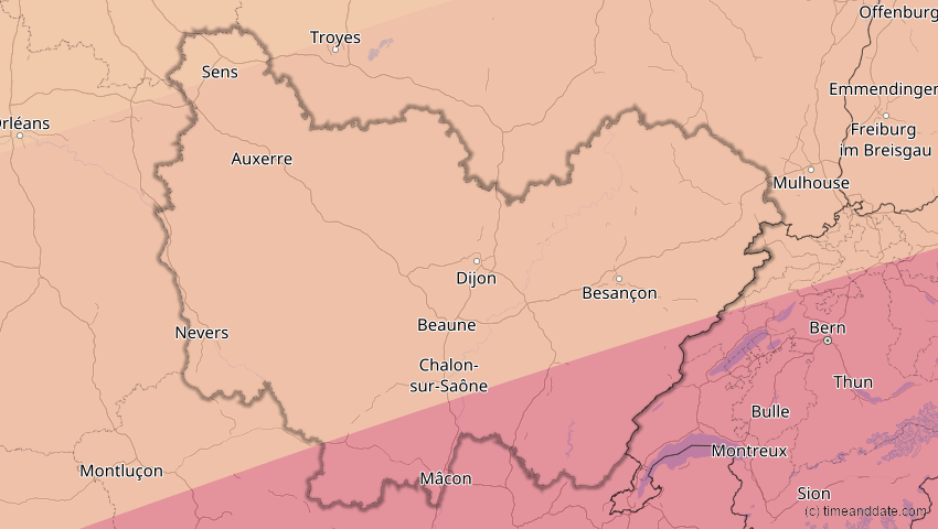 A map of Bourgogne-Franche-Comté, Frankreich, showing the path of the 27. Feb 2082 Ringförmige Sonnenfinsternis