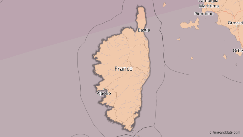 A map of Korsika, Frankreich, showing the path of the 27. Feb 2082 Ringförmige Sonnenfinsternis