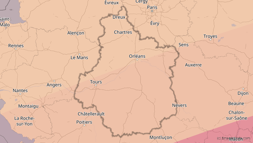 A map of Centre-Val de Loire, Frankreich, showing the path of the 27. Feb 2082 Ringförmige Sonnenfinsternis