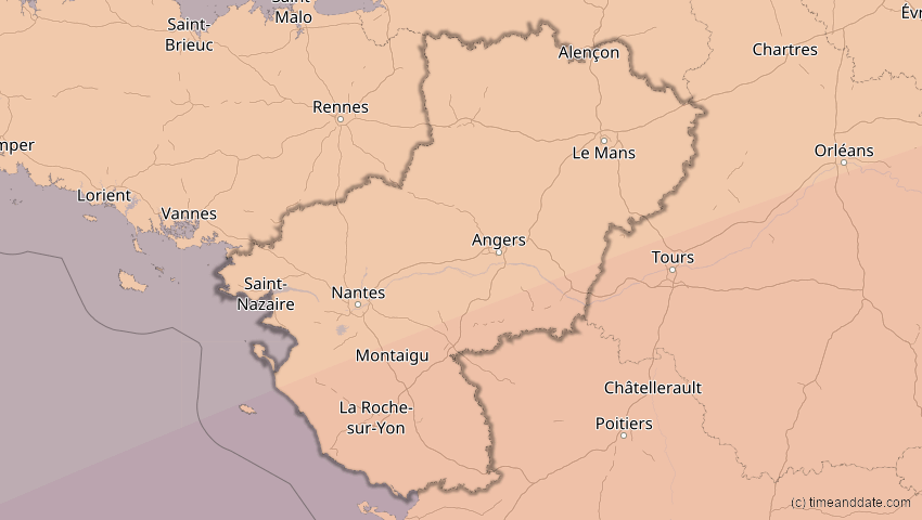 A map of Pays de la Loire, Frankreich, showing the path of the 27. Feb 2082 Ringförmige Sonnenfinsternis