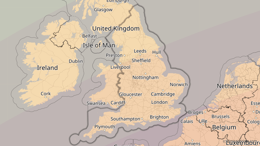 A map of England, Großbritannien, showing the path of the 27. Feb 2082 Ringförmige Sonnenfinsternis