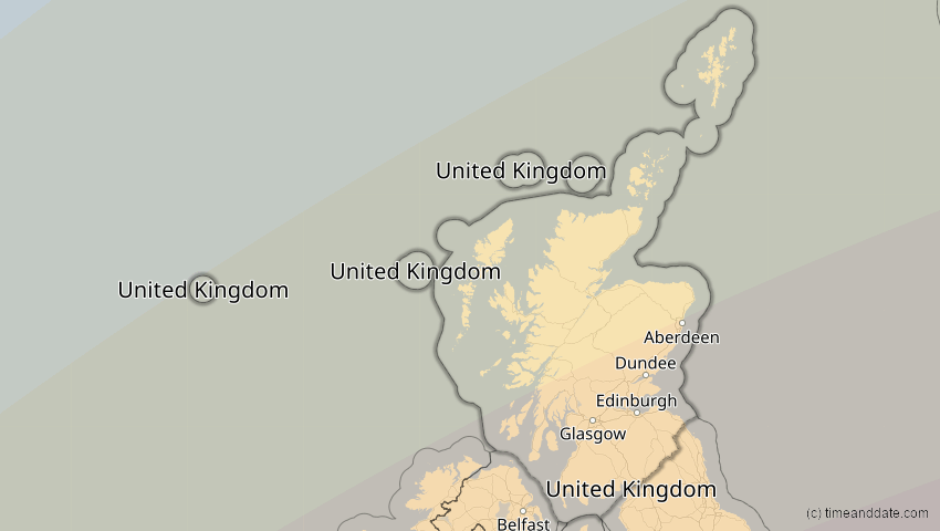 A map of Schottland, Großbritannien, showing the path of the 27. Feb 2082 Ringförmige Sonnenfinsternis