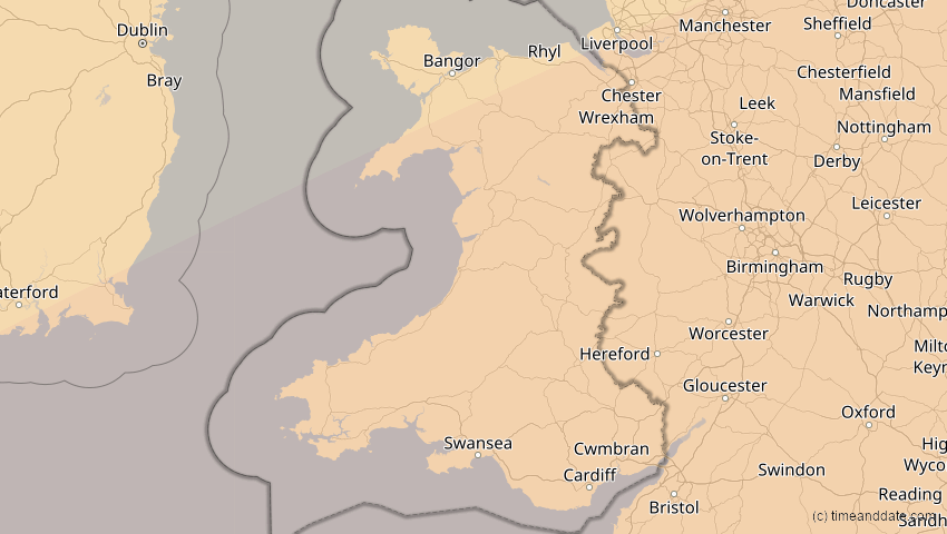 A map of Wales, Großbritannien, showing the path of the 27. Feb 2082 Ringförmige Sonnenfinsternis