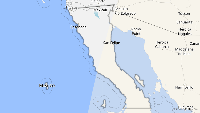 A map of Baja California, Mexiko, showing the path of the 27. Feb 2082 Ringförmige Sonnenfinsternis
