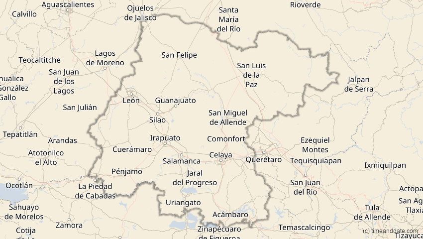 A map of Guanajuato, Mexiko, showing the path of the 27. Feb 2082 Ringförmige Sonnenfinsternis