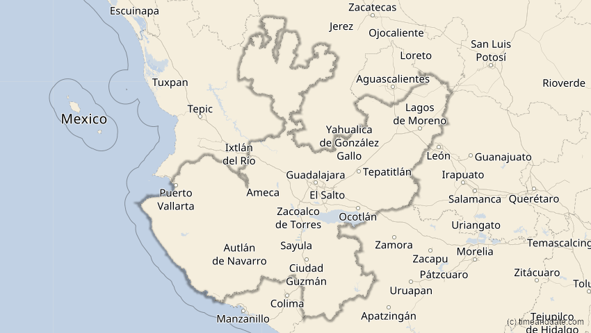 A map of Jalisco, Mexiko, showing the path of the 27. Feb 2082 Ringförmige Sonnenfinsternis