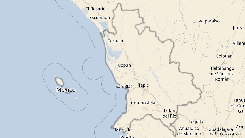A map of Nayarit, Mexiko, showing the path of the 27. Feb 2082 Ringförmige Sonnenfinsternis