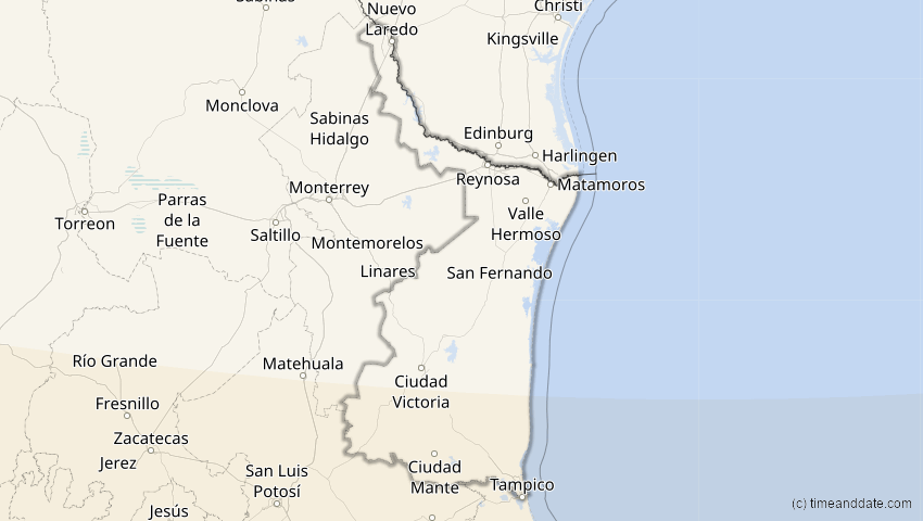 A map of Tamaulipas, Mexiko, showing the path of the 27. Feb 2082 Ringförmige Sonnenfinsternis