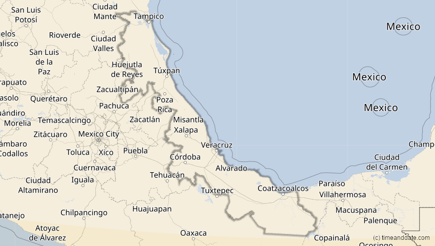 A map of Veracruz, Mexiko, showing the path of the 27. Feb 2082 Ringförmige Sonnenfinsternis