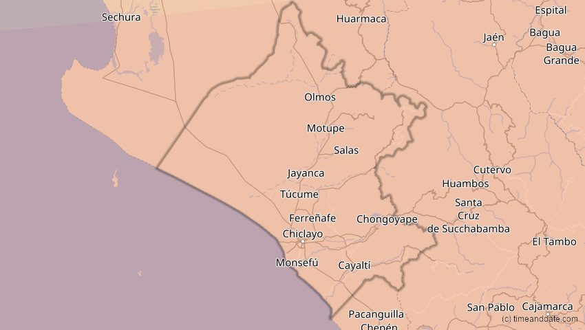 A map of Lambayeque, Peru, showing the path of the 27. Feb 2082 Ringförmige Sonnenfinsternis