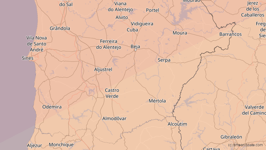 A map of Beja, Portugal, showing the path of the 27. Feb 2082 Ringförmige Sonnenfinsternis