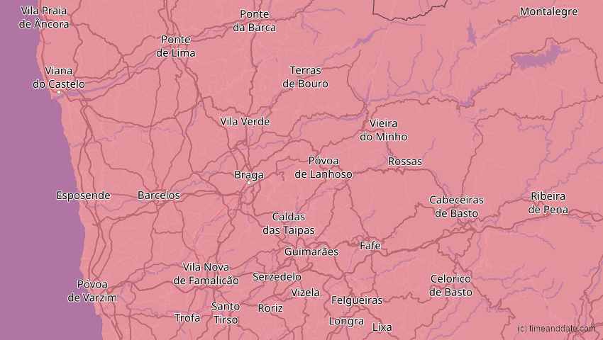 A map of Braga, Portugal, showing the path of the 27. Feb 2082 Ringförmige Sonnenfinsternis