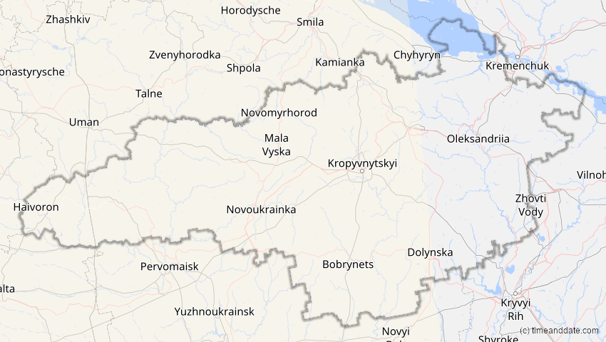 A map of Kirowohrad, Ukraine, showing the path of the 27. Feb 2082 Ringförmige Sonnenfinsternis