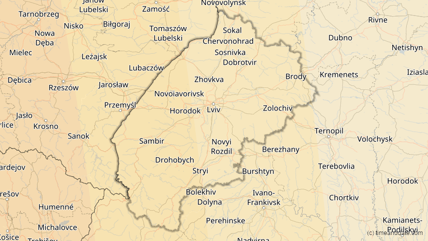 A map of Lwiw, Ukraine, showing the path of the 27. Feb 2082 Ringförmige Sonnenfinsternis