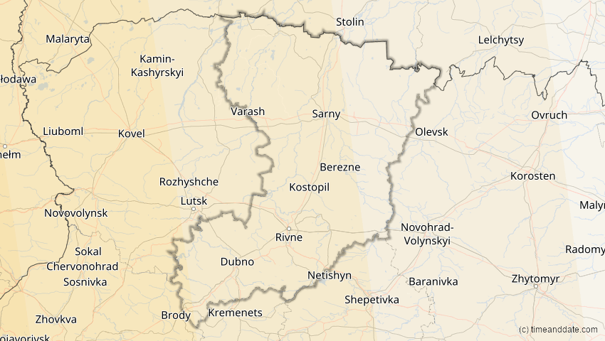 A map of Riwne, Ukraine, showing the path of the 27. Feb 2082 Ringförmige Sonnenfinsternis
