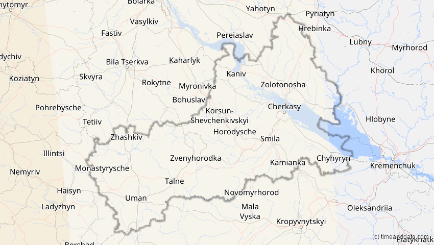 A map of Tscherkassy, Ukraine, showing the path of the 27. Feb 2082 Ringförmige Sonnenfinsternis