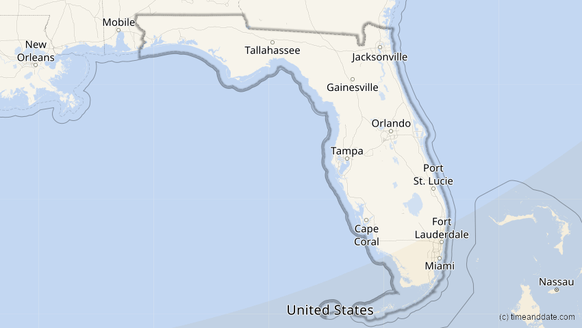 A map of Florida, USA, showing the path of the 27. Feb 2082 Ringförmige Sonnenfinsternis