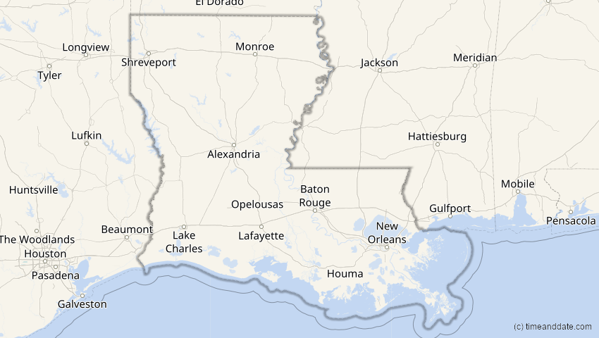 A map of Louisiana, USA, showing the path of the 27. Feb 2082 Ringförmige Sonnenfinsternis