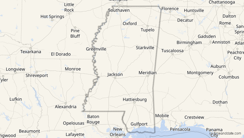 A map of Mississippi, USA, showing the path of the 27. Feb 2082 Ringförmige Sonnenfinsternis