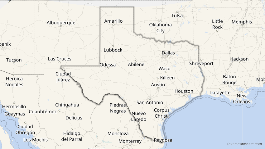 A map of Texas, USA, showing the path of the 27. Feb 2082 Ringförmige Sonnenfinsternis