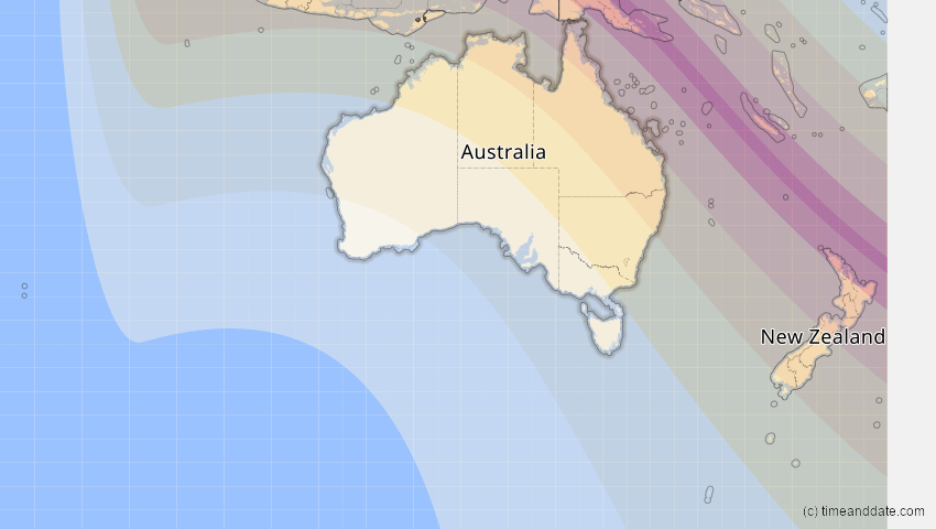 A map of Australien, showing the path of the 24. Aug 2082 Totale Sonnenfinsternis