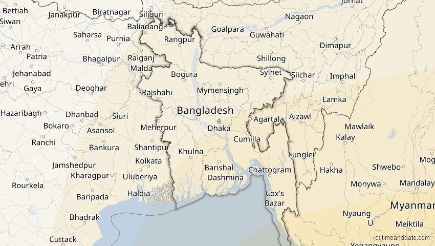 A map of Bangladesch, showing the path of the 24. Aug 2082 Totale Sonnenfinsternis