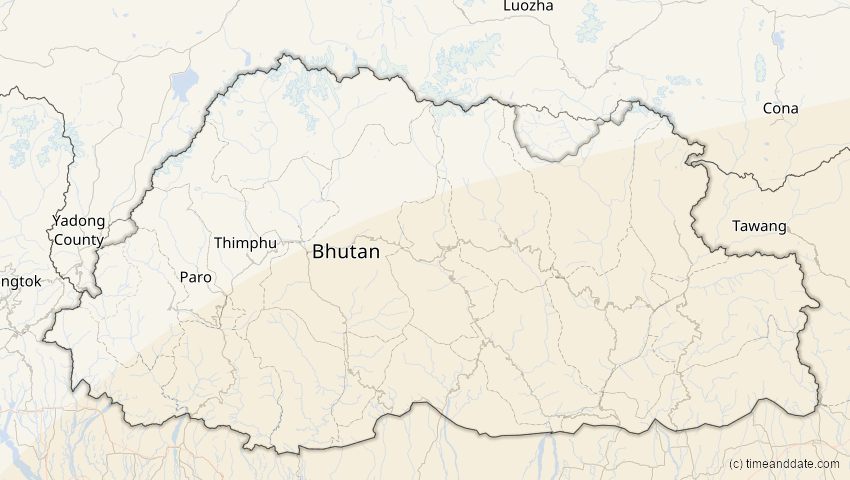 A map of Bhutan, showing the path of the 24. Aug 2082 Totale Sonnenfinsternis