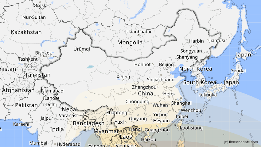 A map of China, showing the path of the 24. Aug 2082 Totale Sonnenfinsternis