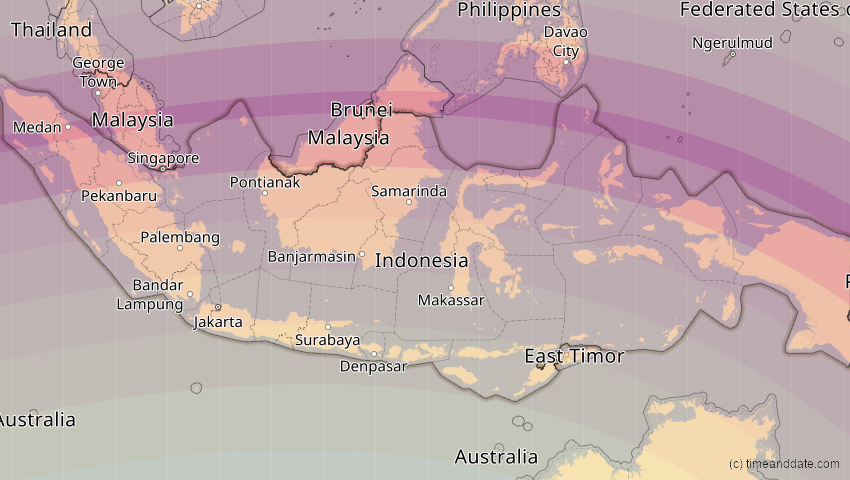 A map of Indonesien, showing the path of the 24. Aug 2082 Totale Sonnenfinsternis