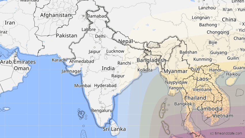 A map of Indien, showing the path of the 24. Aug 2082 Totale Sonnenfinsternis