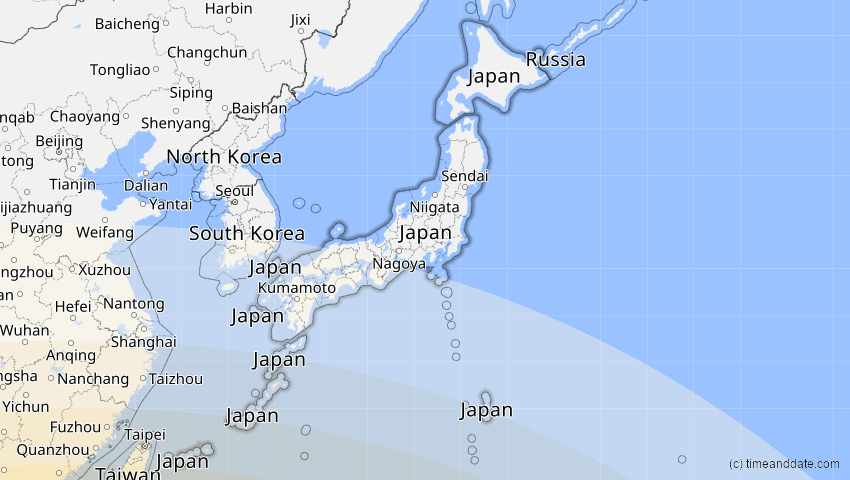 A map of Japan, showing the path of the 24. Aug 2082 Totale Sonnenfinsternis