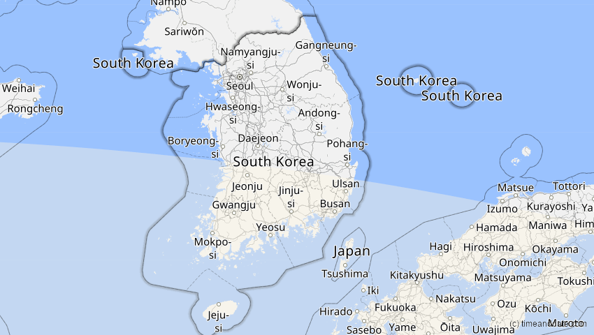 A map of Südkorea, showing the path of the 24. Aug 2082 Totale Sonnenfinsternis