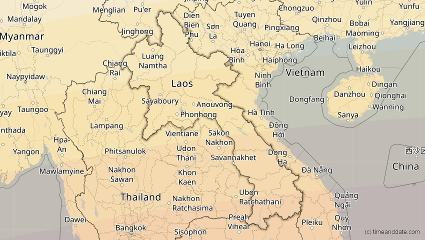 A map of Laos, showing the path of the 24. Aug 2082 Totale Sonnenfinsternis