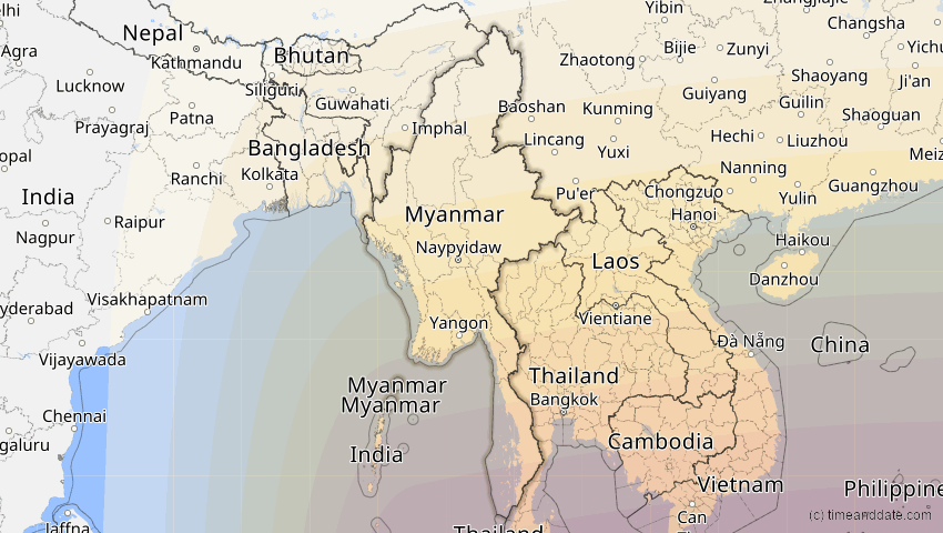 A map of Myanmar, showing the path of the 24. Aug 2082 Totale Sonnenfinsternis