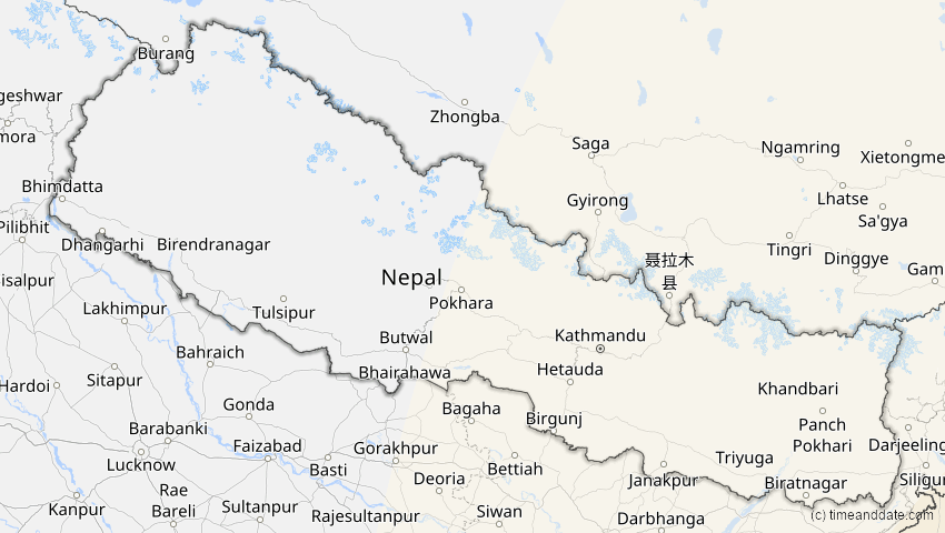 A map of Nepal, showing the path of the 24. Aug 2082 Totale Sonnenfinsternis