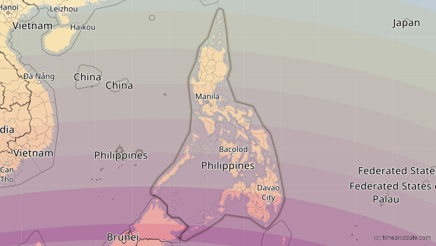 A map of Philippinen, showing the path of the 24. Aug 2082 Totale Sonnenfinsternis