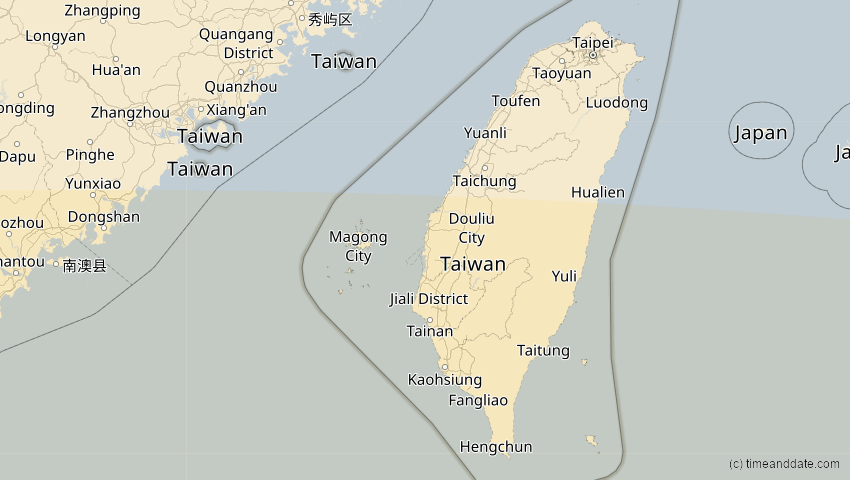 A map of Taiwan, showing the path of the 24. Aug 2082 Totale Sonnenfinsternis