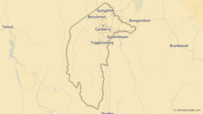 A map of Australian Capital Territory, Australien, showing the path of the 24. Aug 2082 Totale Sonnenfinsternis