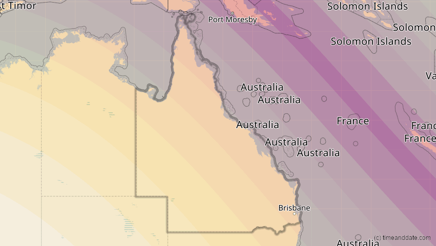 A map of Queensland, Australien, showing the path of the 24. Aug 2082 Totale Sonnenfinsternis