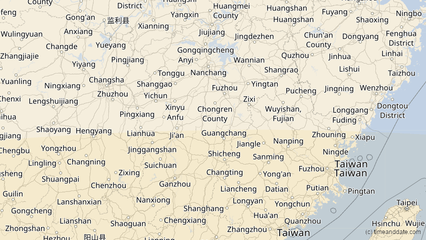 A map of Jiangxi, China, showing the path of the 24. Aug 2082 Totale Sonnenfinsternis