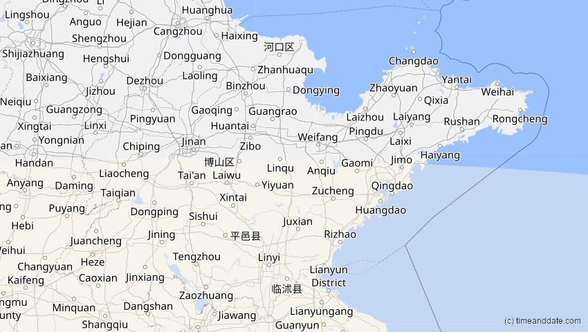 A map of Shandong, China, showing the path of the 24. Aug 2082 Totale Sonnenfinsternis
