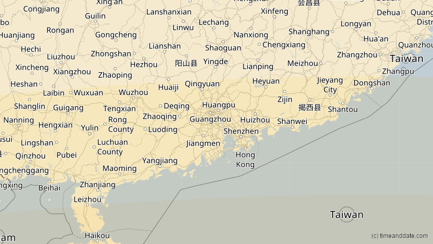 A map of Guangdong, China, showing the path of the 24. Aug 2082 Totale Sonnenfinsternis
