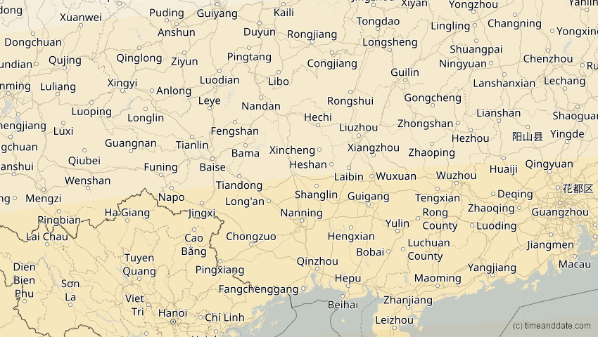 A map of Guangxi, China, showing the path of the 24. Aug 2082 Totale Sonnenfinsternis