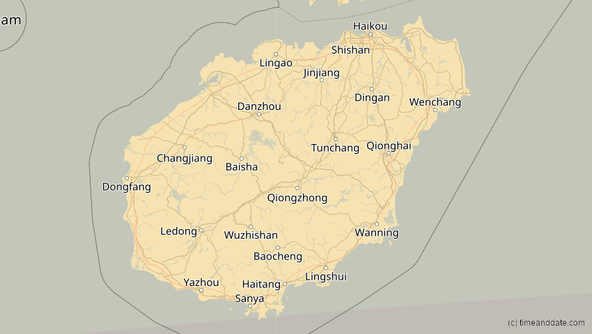 A map of Hainan, China, showing the path of the 24. Aug 2082 Totale Sonnenfinsternis