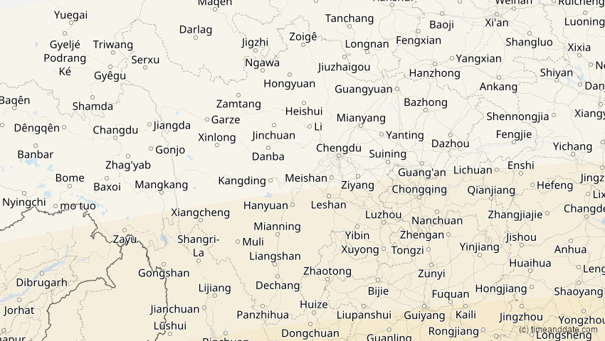 A map of Sichuan, China, showing the path of the 24. Aug 2082 Totale Sonnenfinsternis