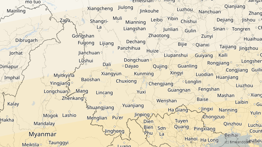 A map of Yunnan, China, showing the path of the 24. Aug 2082 Totale Sonnenfinsternis