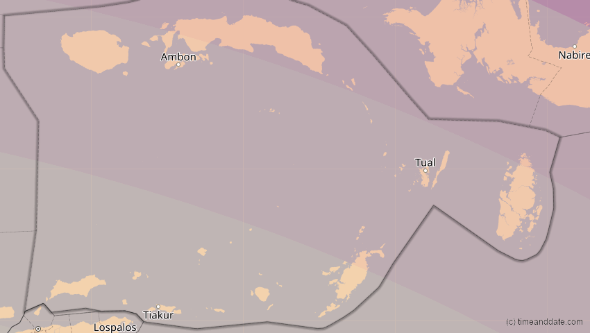 A map of Maluku, Indonesien, showing the path of the 24. Aug 2082 Totale Sonnenfinsternis