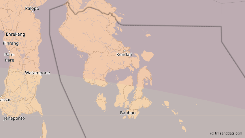 A map of Sulawesi Tenggara, Indonesien, showing the path of the 24. Aug 2082 Totale Sonnenfinsternis