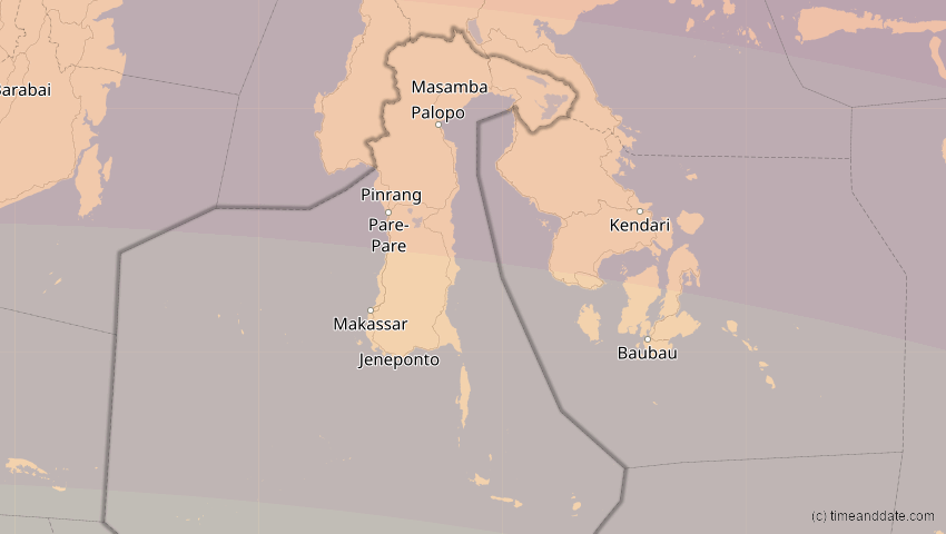 A map of Sulawesi Selatan, Indonesien, showing the path of the 24. Aug 2082 Totale Sonnenfinsternis